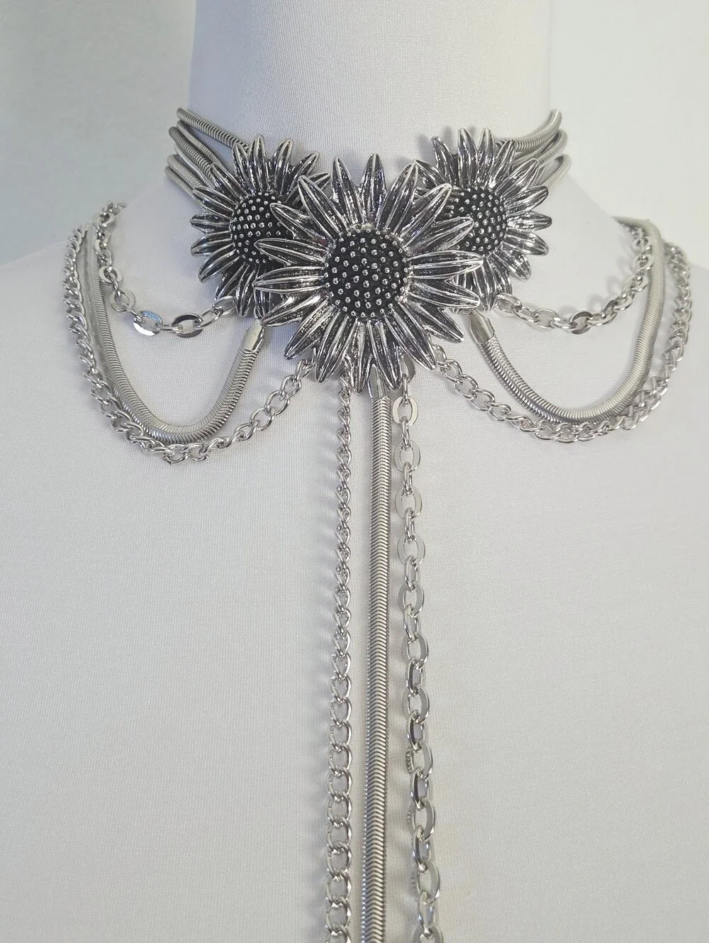 Silver Floral Statement Lariat Necklace - Picture 4 of 7